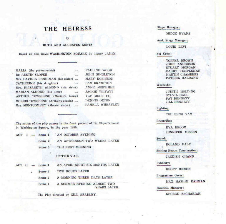 1963, The Heiress: Cast, Production & Crew List