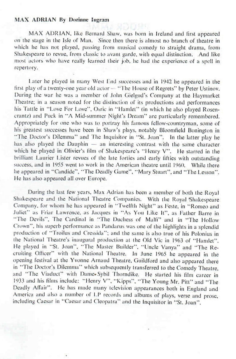1967, Max Adrian as George Bernard Shaw: Max Adrian's Bio