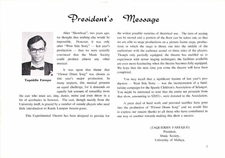1969, Flower Drum Song: President's Message