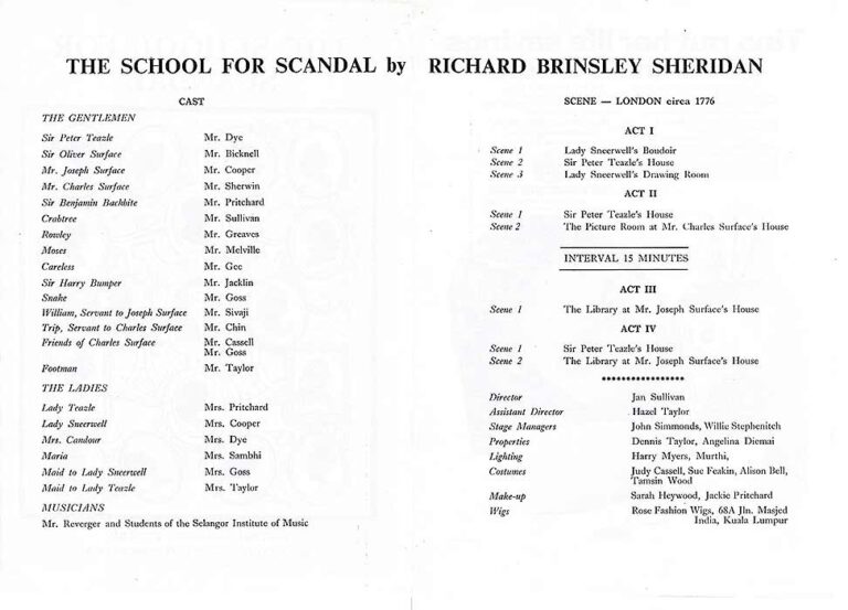 1975, The School For Scandal: Cast, Acts & Credits