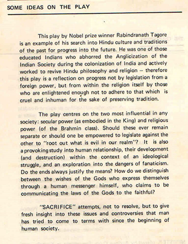 1978, Sacrifice: Some Ideas of the Play