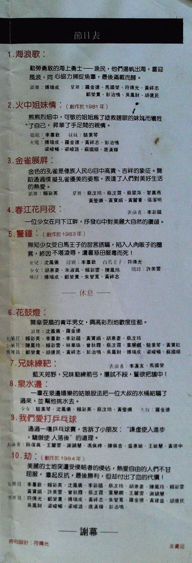 1985 Ben Teng Da Di Malam Konsert Tarian Program list
