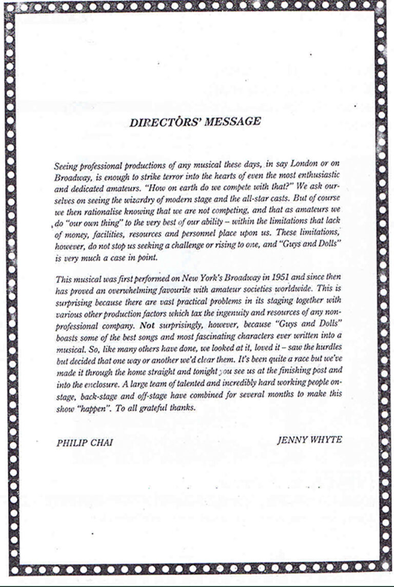 1987, Guys & Dolls: Director's Message
