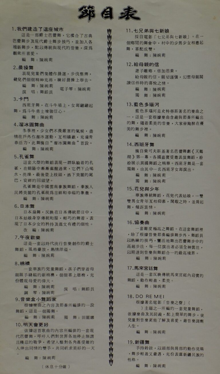 1987 Lei Hua Nu Fang Dance Evening Performance Program list