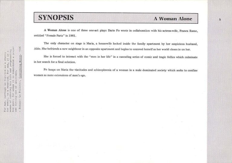 1990, A Woman Alone: Synopsis