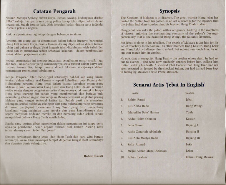1993, Jebat: Director's Notes, Synopsis and Cast