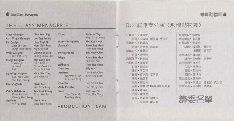 1996 The Glass Menagerie Program Production Team