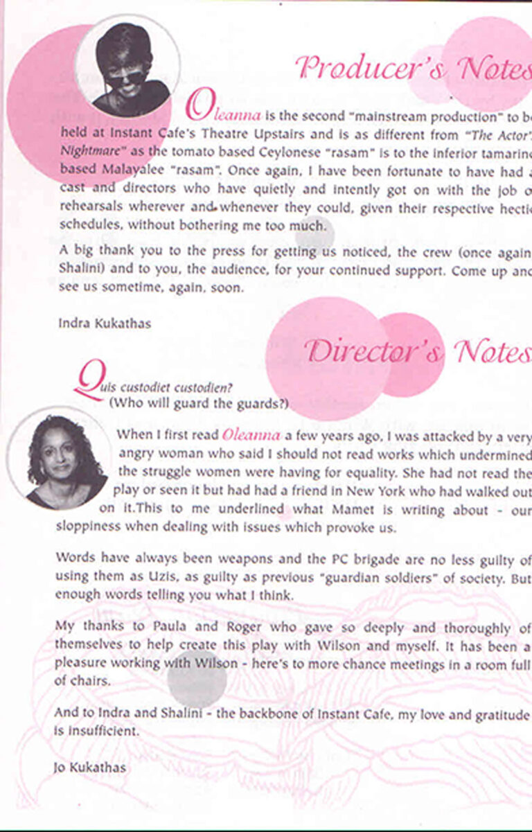 1996, Oleanna: Producer's & Director's Notes