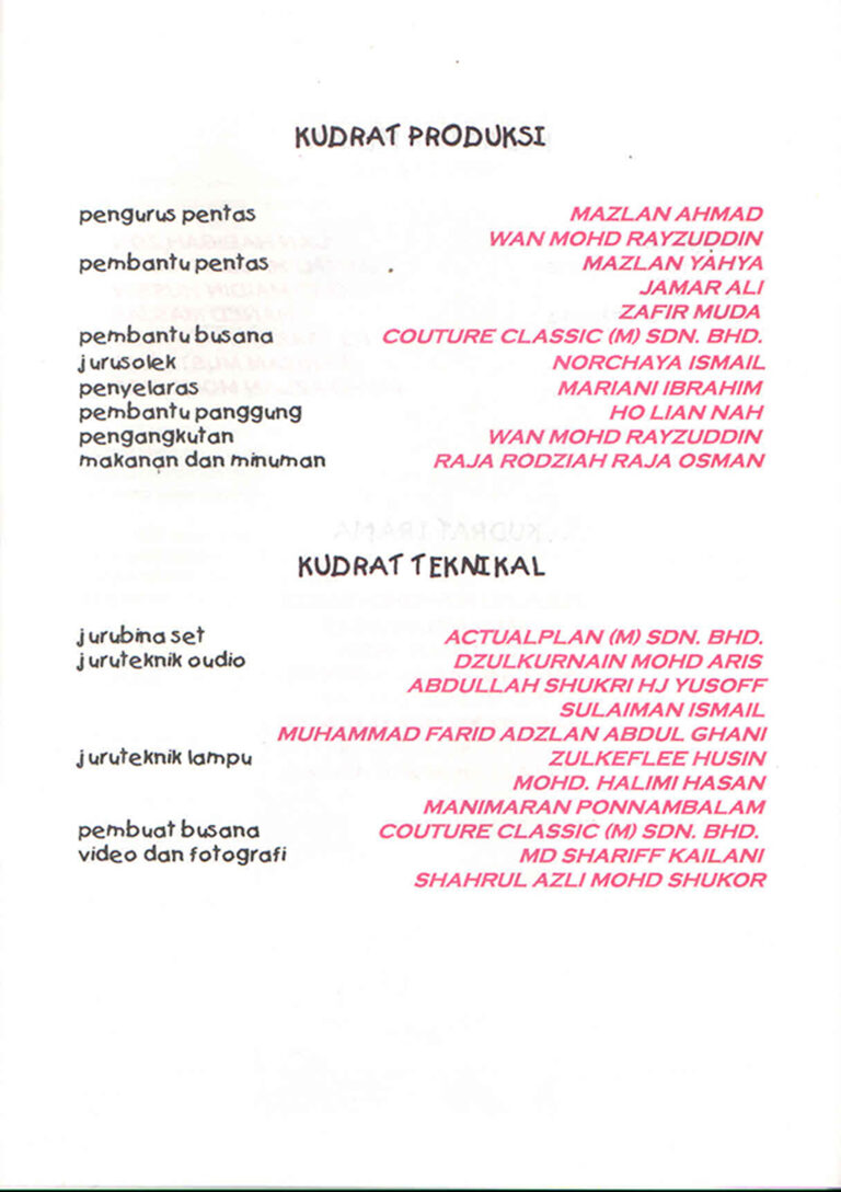 1996, Muzika Kanak-Kanak Lagenda: Production & Technical Teams