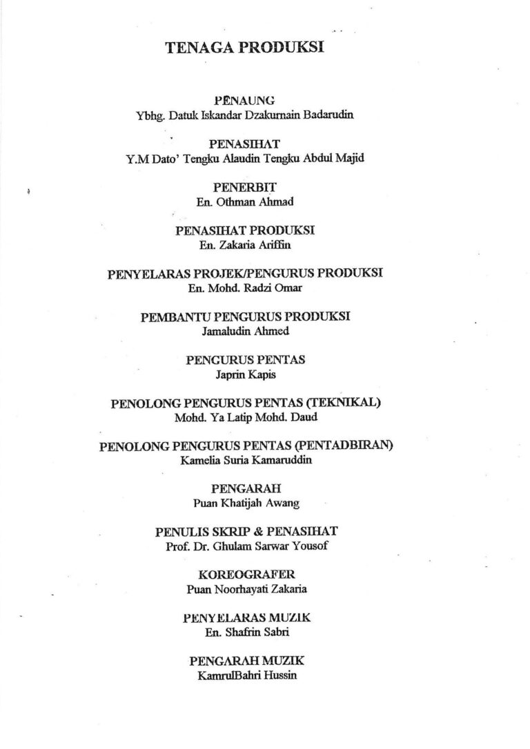 1999, Mak Yong Raja Tangkai Hati: Production Team