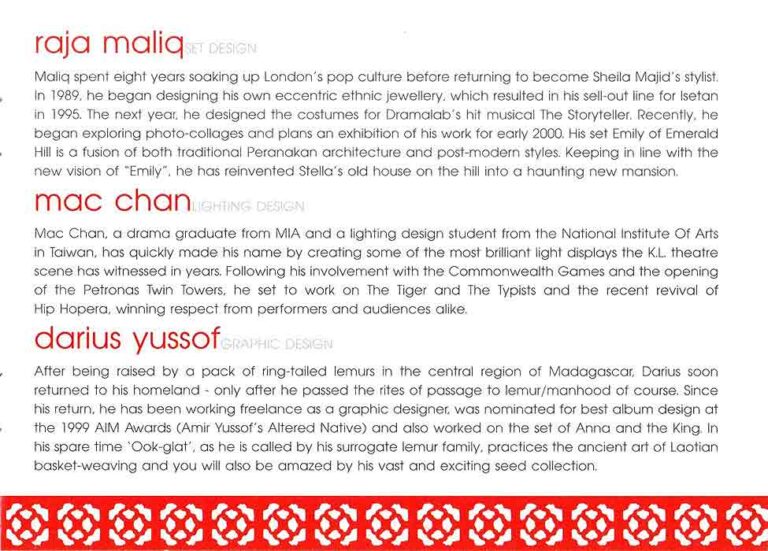 1999, Emily Of Emerald Hill: Key Bios 12