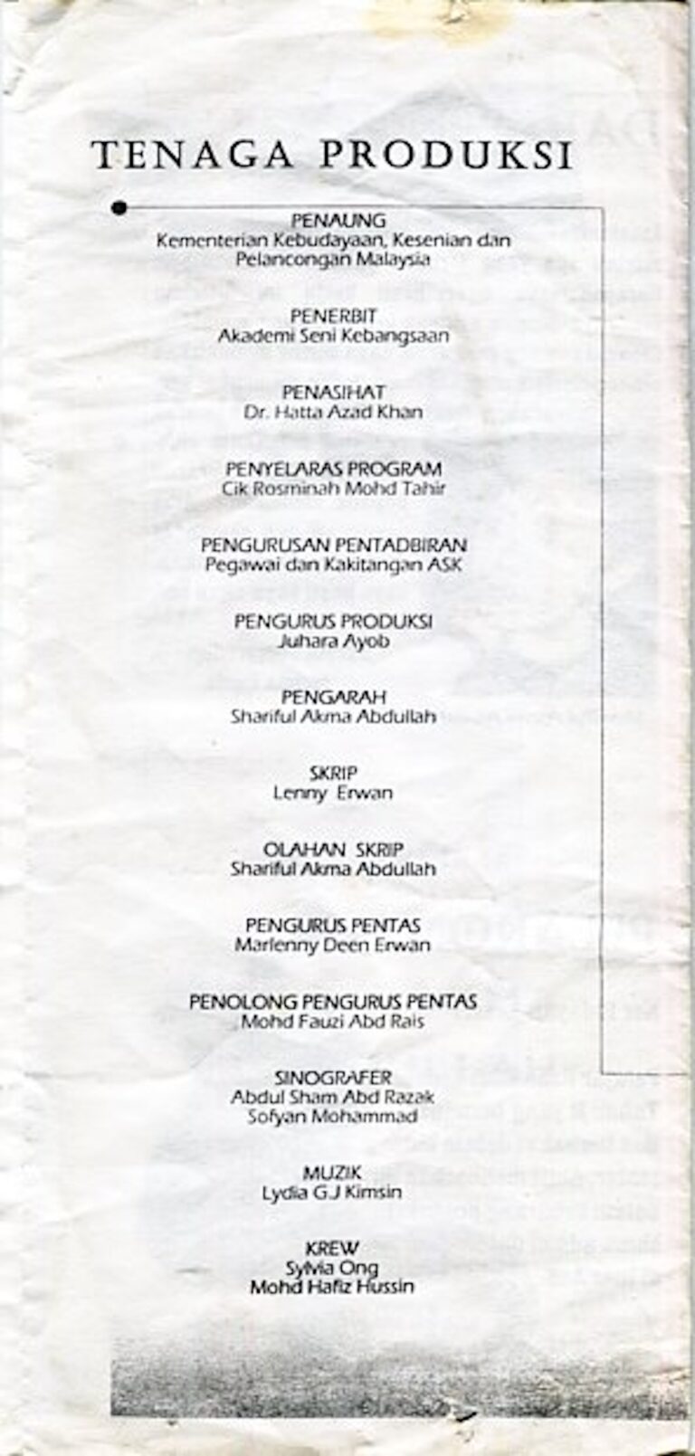 2001 Nur Cast and production crew list