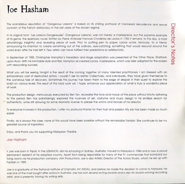 2001 Dangerous Liaisons Director's message