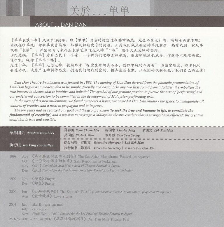 2001 Dan Dan Mini Theatre Festival Program About Organiser