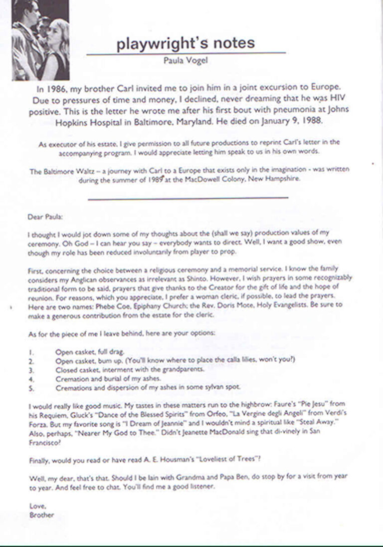 2002, The Baltimore Waltz: Playwright's Notes