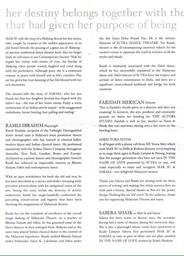 2003, Mak Su Sarasa: Story & Bios