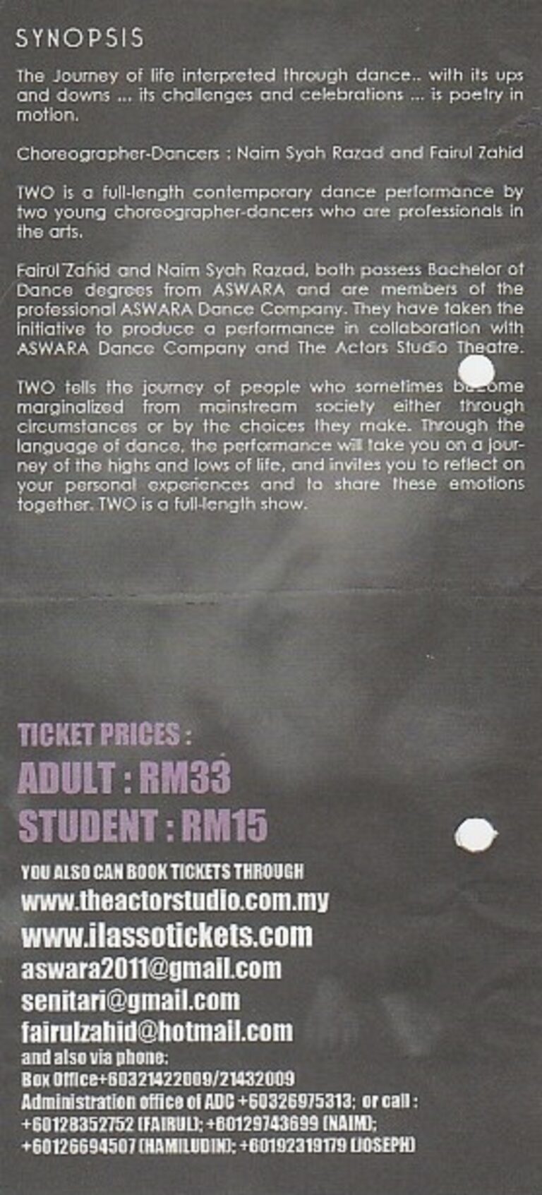 2013 TWO A Full Length Contemporary Dance Performance Synopsis