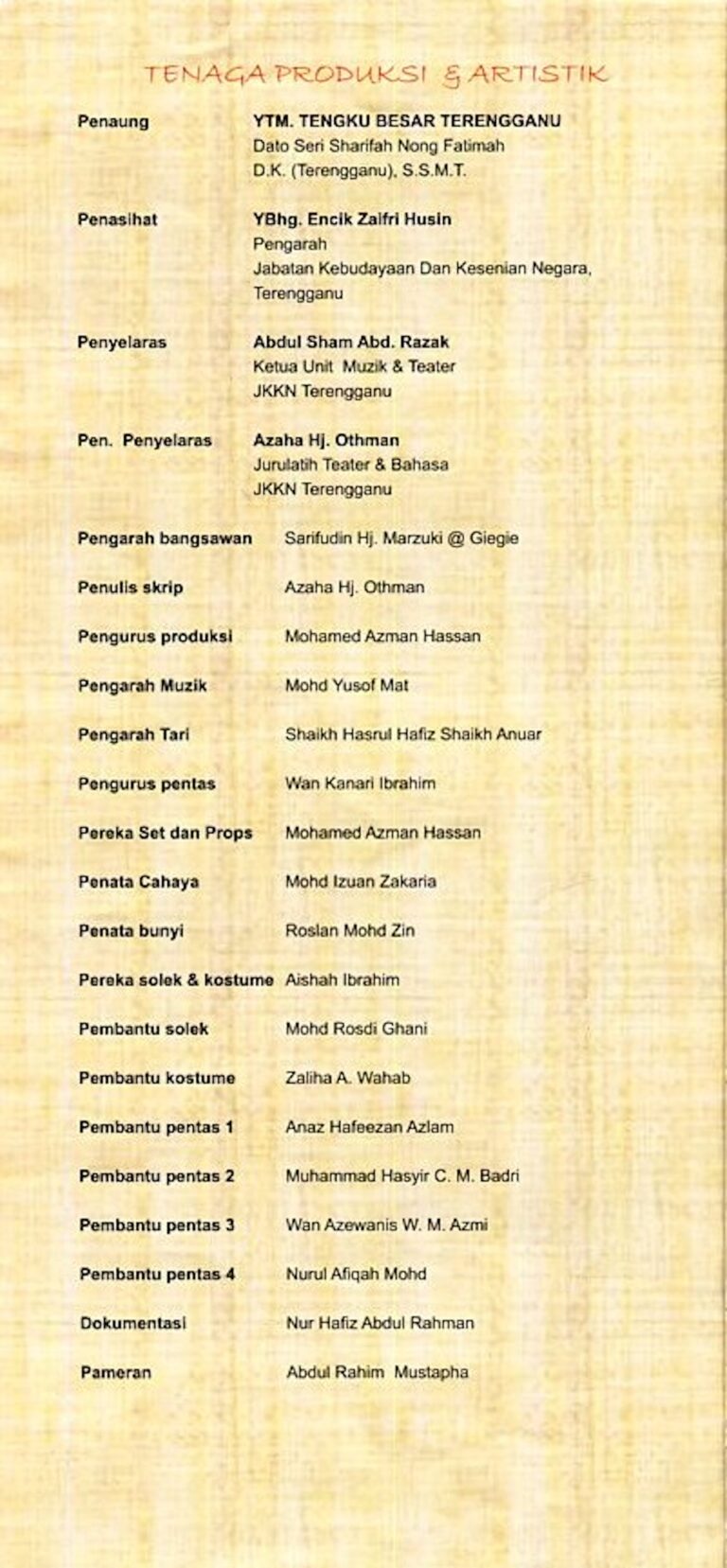 2013 Bangsawan Pak Pandir Cast and production crew list 2