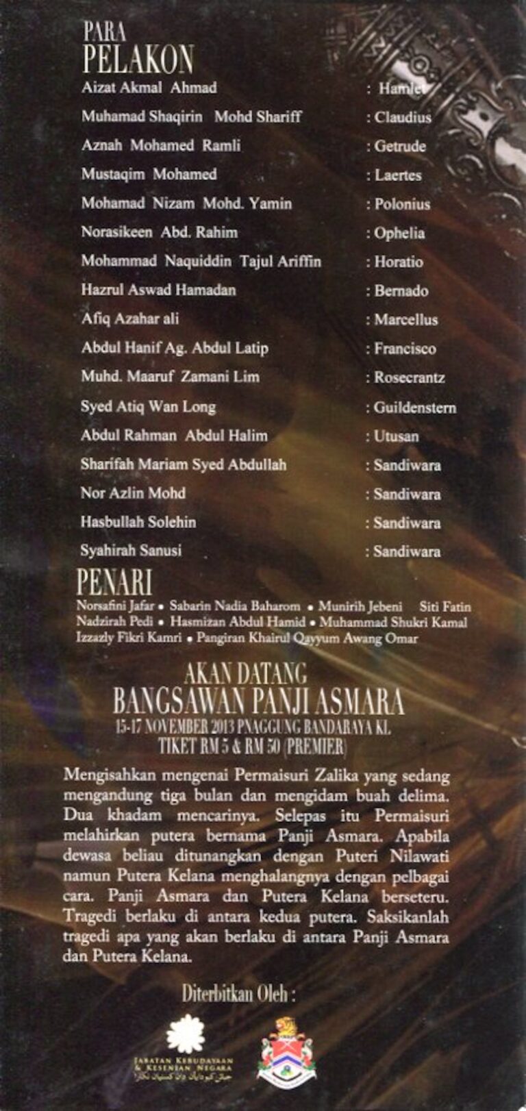 2013 Raja Muda Hamlet Cast and production crew list 2