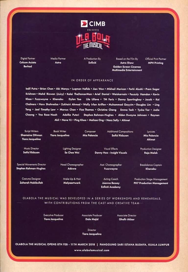 2018 Ola Bola The Musical Cast and production crew list 1