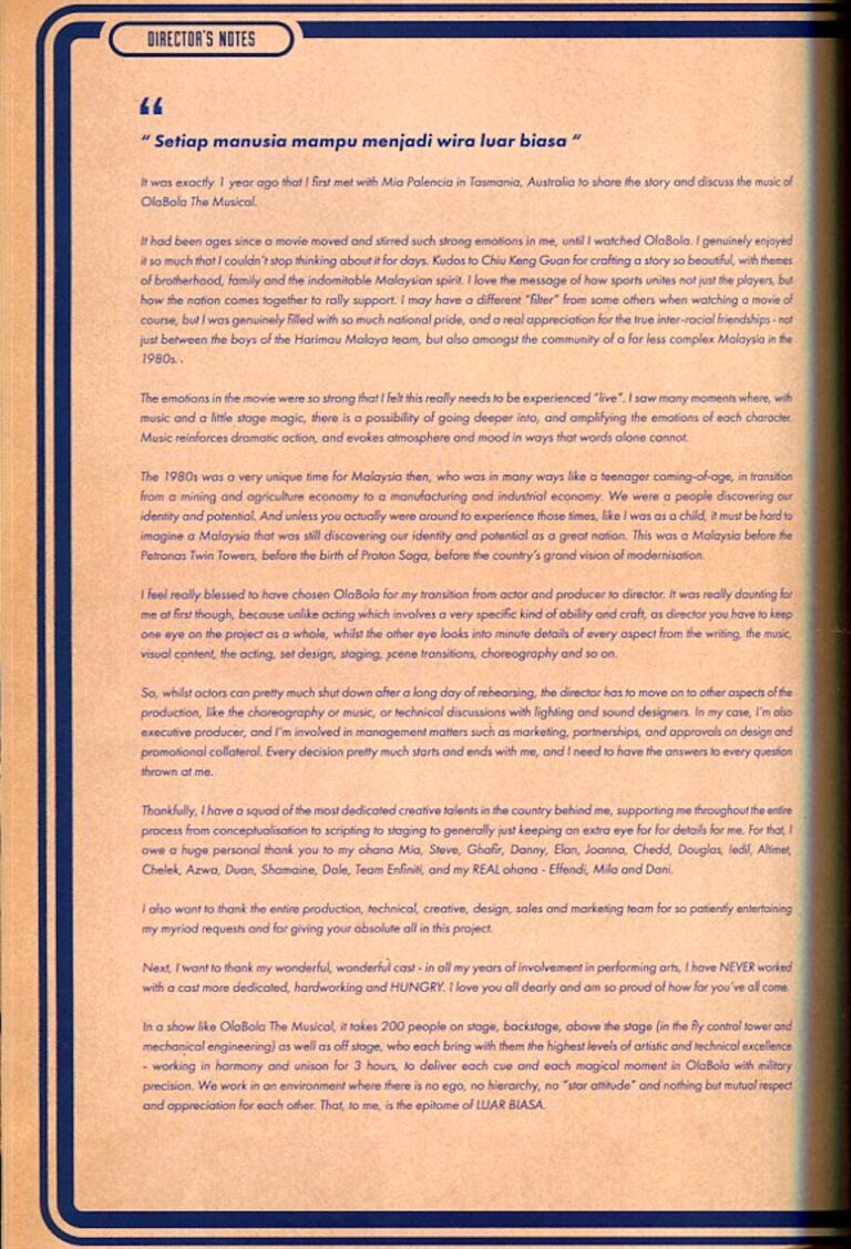 2018 Ola Bola The Musical Director's message 1