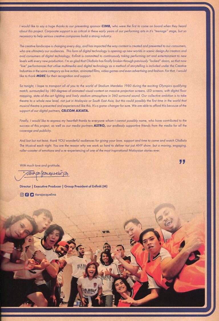 2018 Ola Bola The Musical Director's message 2