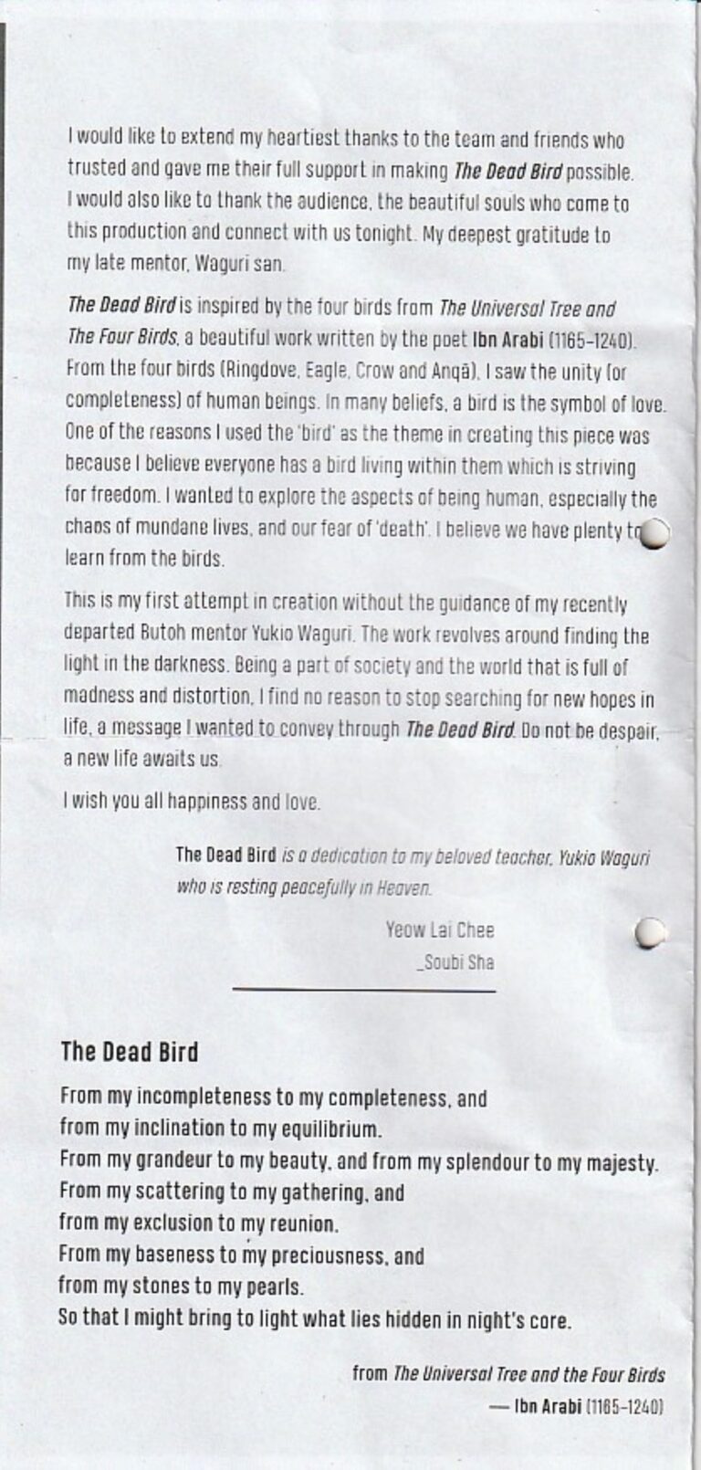 2018 The Dead Bird Synopsis of performance