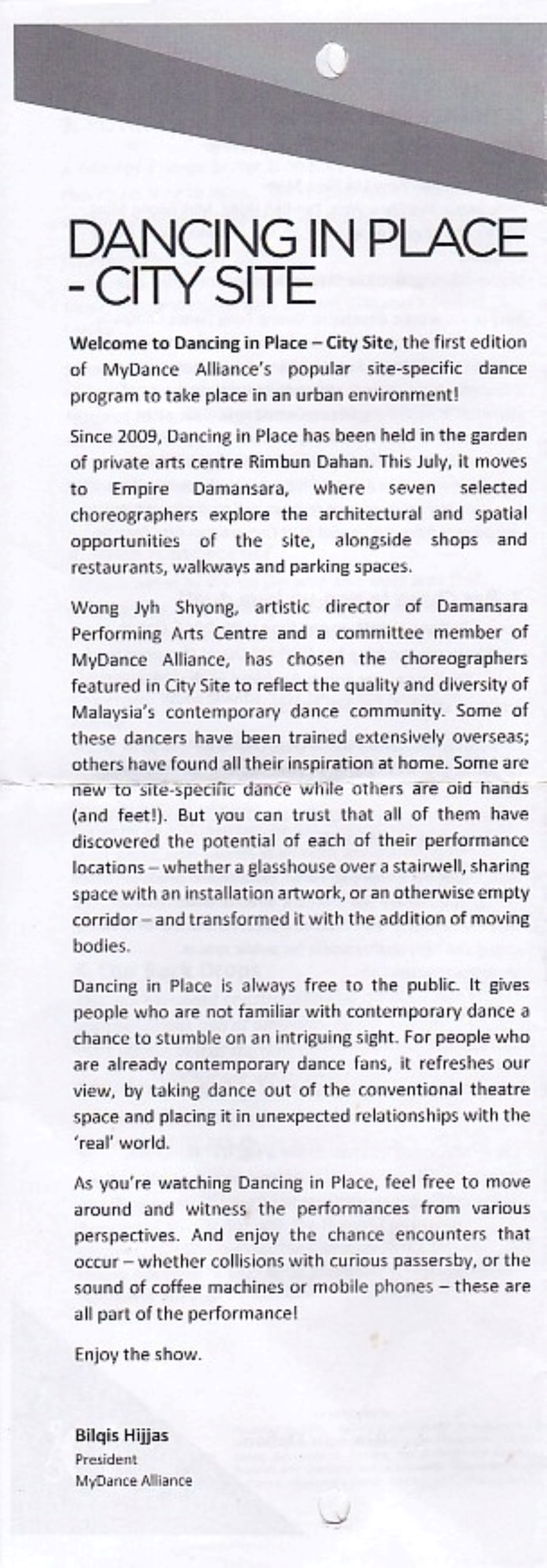 2016 Dancing In Place - City Site President message